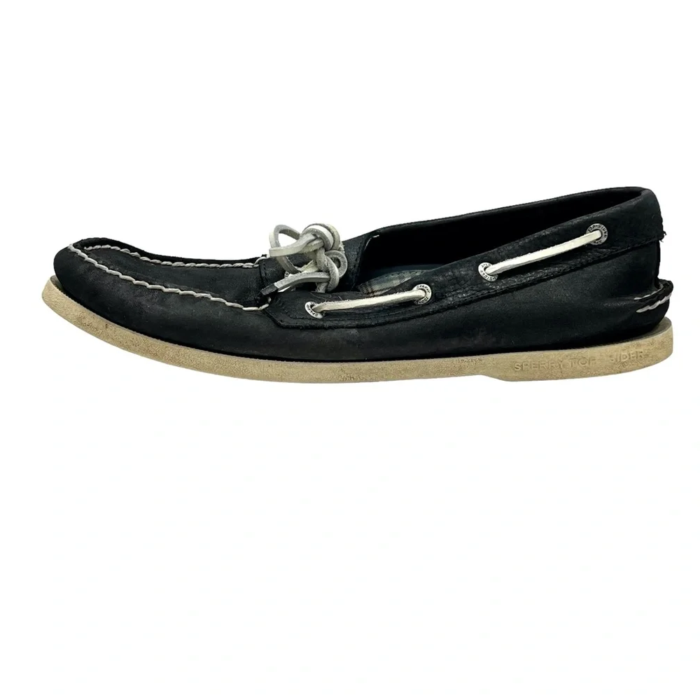 SPERRY TOP-SIDER A/O 2-EYE BLACK LEATHER WITH WHITE LACES AND SOLE BOAT SHOES